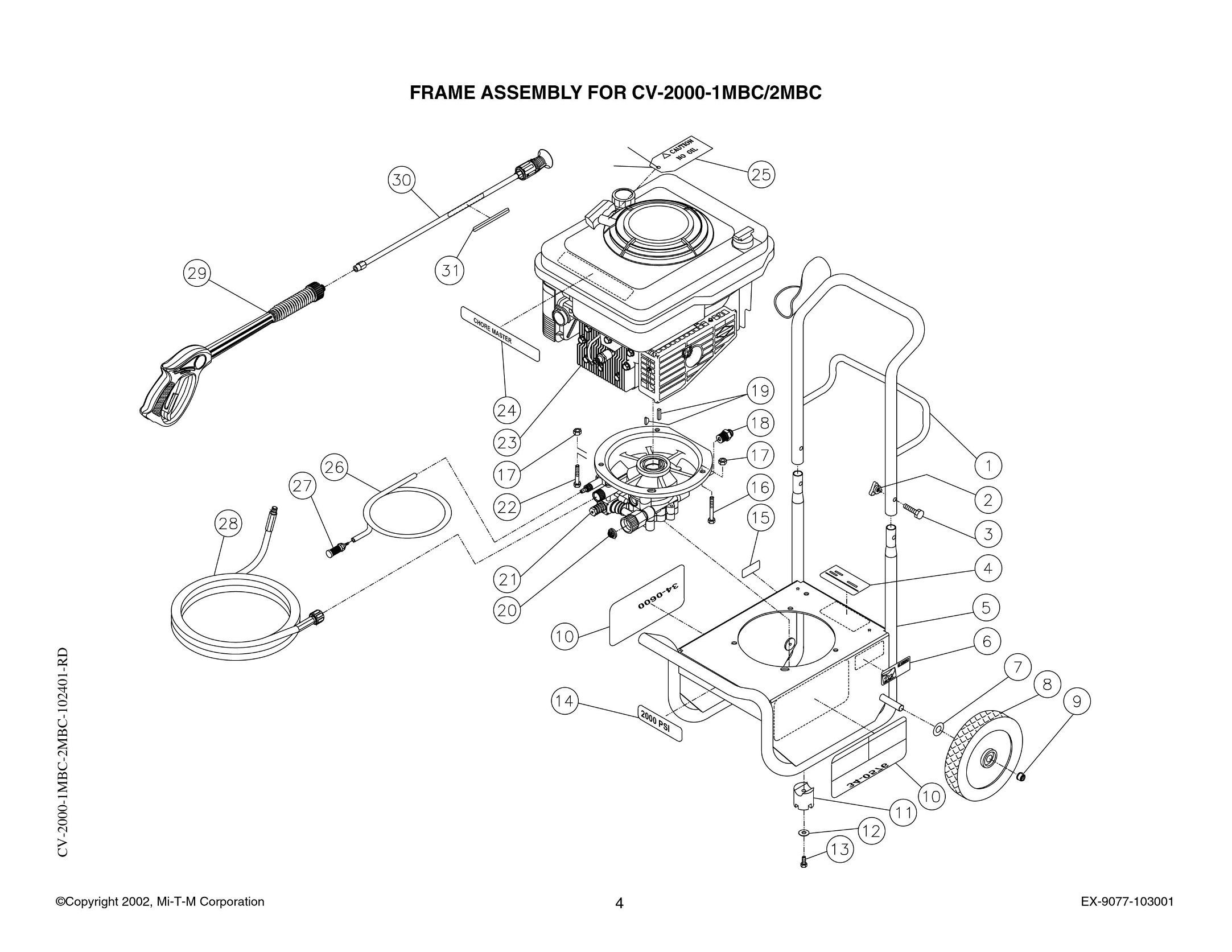 CV-2000-1MBC/2MBC pressure washer replacement parts, breakdown, pumps & repair kits.